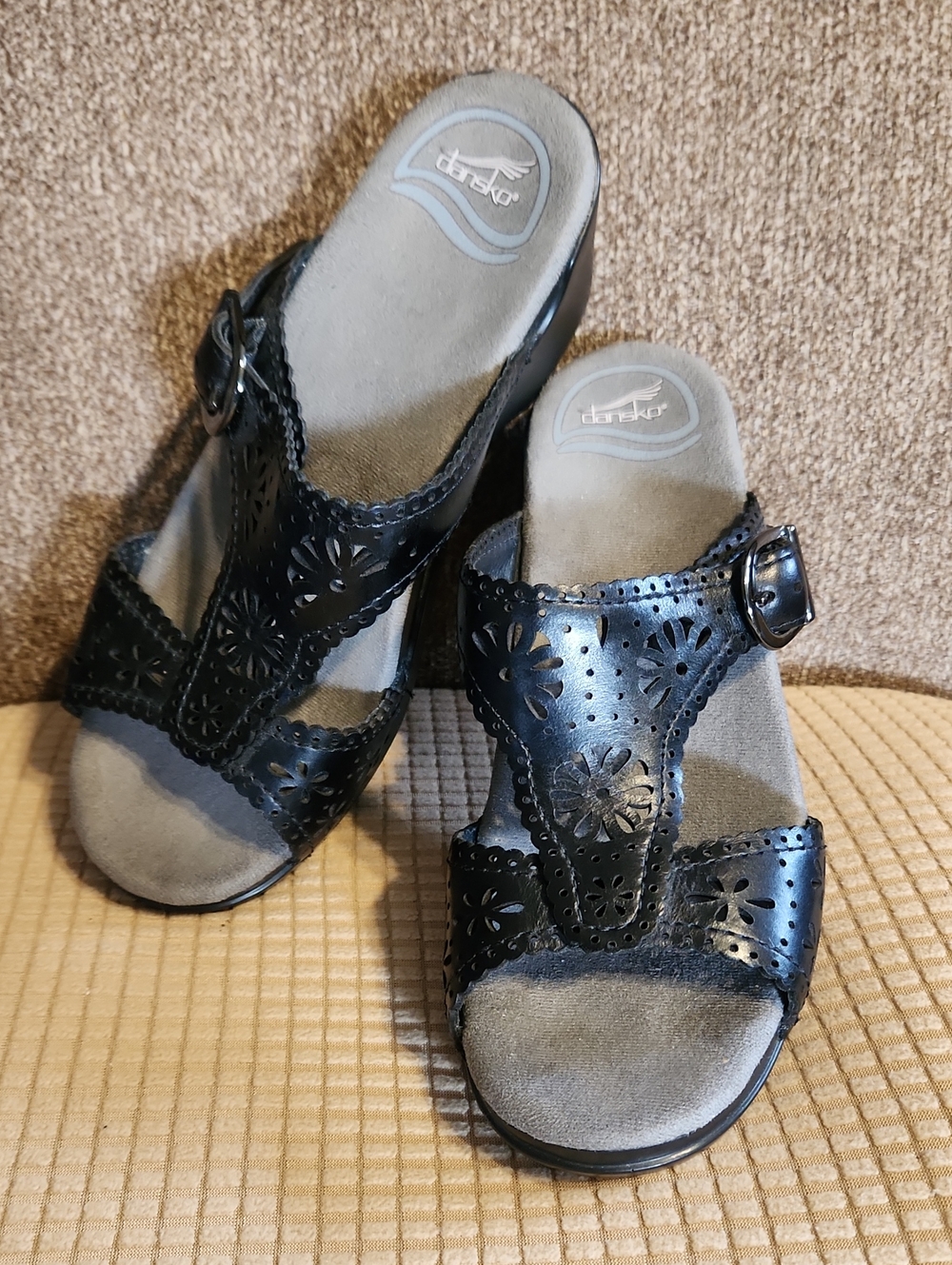 Dansko Black Perforated Leather Slide Mules with Buckle SIZE 36